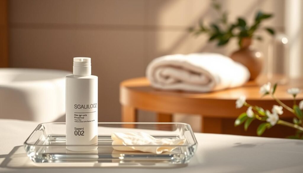 A meticulously arranged scene showcasing the preparation of Sagami 0.02, designed for sensitive skin. In the foreground, a pristine, clear tray features the Sagami 0.02 product and a pair of soft, non-irritating gloves, emphasizing safety and comfort. The middle ground reveals an elegant wooden table adorned with a neatly folded, lightly colored towel, conveying an atmosphere of relaxation and care. The background gently fades into a softly lit, serene spa-like environment, featuring muted pastel shades and delicate greenery, enhancing the calming mood. The lighting is warm and inviting, casting soft shadows that evoke a sense of tranquility. The focus is sharp on the foreground items, with a slight bokeh effect in the background to create depth, reinforcing the article's emphasis on effective usage tips for sensitive skin individuals.