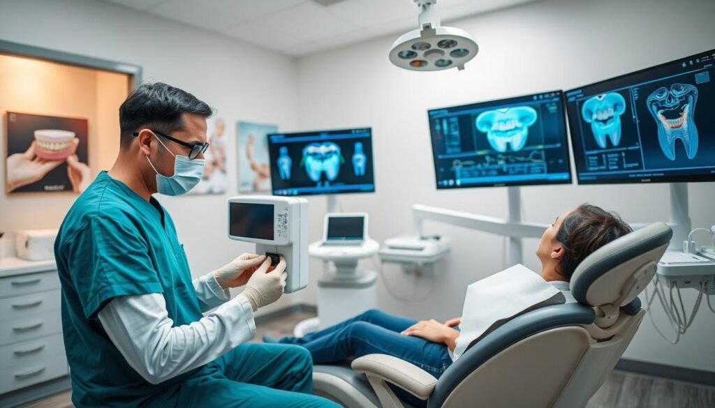 A modern dental clinic interior showcasing a comprehensive full-mouth reconstruction process. In the foreground, a dentist, dressed in professional scrubs and a mask, is using an intraoral scanner on a patient seated in a comfortable dental chair. The middle ground features advanced dental equipment and digital monitors displaying 3D imaging and treatment plans, illustrating the advanced technology involved. The background shows a clean and well-lit clinic environment with calming colors and dental posters on the walls, enhancing the professional atmosphere. Use soft, natural lighting for a welcoming feel, captured from a slightly low-angle perspective to emphasize the expertise and care in the dental practice. No text or branding is included in the image. A modern dental clinic interior showcasing a comprehensive full-mouth reconstruction process. In the foreground, a dentist, dressed in professional scrubs and a mask, is using an intraoral scanner on a patient seated in a comfortable dental chair. The middle ground features advanced dental equipment and digital monitors displaying 3D imaging and treatment plans, illustrating the advanced technology involved. The background shows a clean and well-lit clinic environment with calming colors and dental posters on the walls, enhancing the professional atmosphere. Use soft, natural lighting for a welcoming feel, captured from a slightly low-angle perspective to emphasize the expertise and care in the dental practice. No text or branding is included in the image.