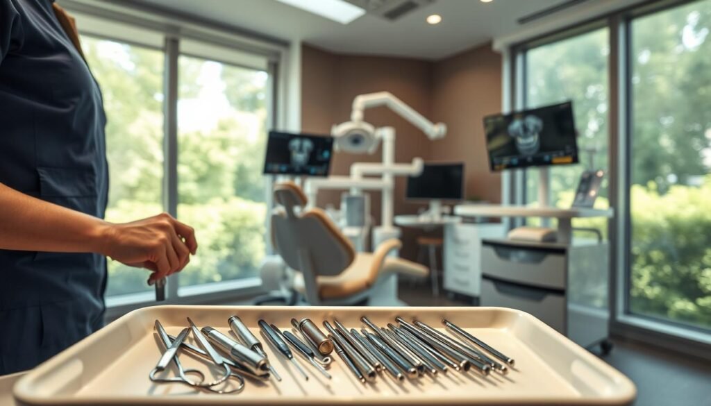 A modern dental clinic preparing for an impacted wisdom tooth surgery. In the foreground, a dental assistant in professional attire is arranging instruments on a sterile tray, showcasing tools like forceps and suction devices. The middle section includes a comfortable dental chair with a patient-friendly design, surrounded by high-tech equipment like an x-ray machine and computer screens displaying dental images. Soft, focused lighting casts a calm ambiance throughout the room, enhancing the sense of professionalism and care. In the background, large windows let in natural light, featuring a serene view of greenery outside, promoting a soothing atmosphere for patients. The overall mood is one of preparedness and reassurance, emphasizing the critical nature of pre-surgery preparations.