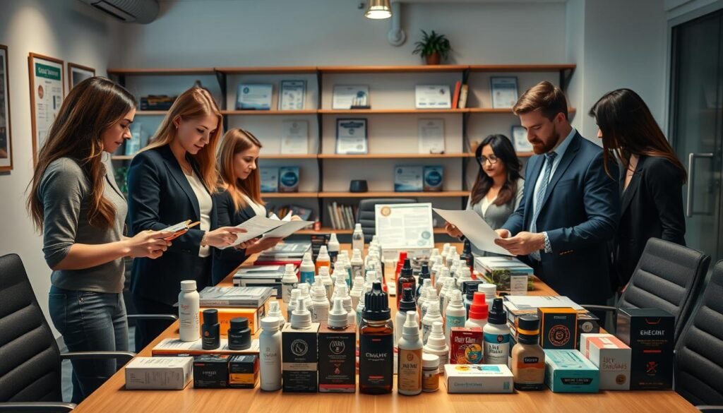 A visually engaging office scene focused on quality control for adult products. In the foreground, a diverse group of professionals—two women and one man—are intently examining various adult products, all dressed in business casual attire. They are surrounded by documents and standards checklists, symbolizing compliance and certification. In the middle, a large conference table holds an assortment of high-quality products arranged neatly, showcasing their packaging and labeling. The background features a modern office environment with shelves displaying certifications and quality assurance posters, emphasizing safety and professionalism. Soft, natural lighting illuminates the scene, creating a focused and collaborative atmosphere, with a slightly elevated angle to capture the depth of the setting.