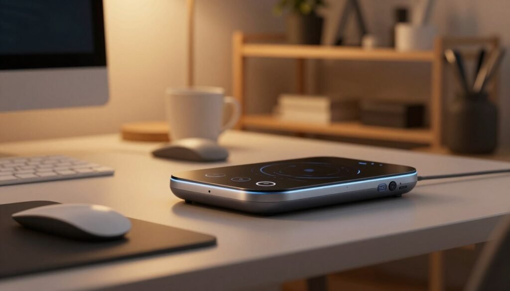 A sophisticated and innovative design of a multifunctional device on a sleek, modern work desk. The foreground includes a high-tech gadget with smooth, ergonomic features, showcasing its various functionalities with elegant buttons and an intuitive interface. In the middle ground, a cozy workspace is depicted, illuminated by warm, soft lighting, enhancing the inviting atmosphere. The background features blurred shelves filled with related tools and accessories, creating an environment of creativity and innovation. The scene is shot from a slight angle to emphasize the gadget’s details, with a focus on comfort and usability, evoking a sense of progress and future potential in technology. The overall mood is warm, intimate, and inspiring, ideal for illustrating modern advancements in functional design.