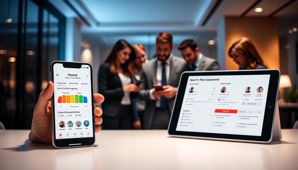 A modern and sleek interface showcasing the "3A" sports betting risk assessment feature. In the foreground, display a smartphone and a tablet, both showing user-friendly screens with graphical representations of risk levels, analytics charts, and user profiles in professional business attire. In the middle, depict a diverse group of users interacting with these devices, deeply engaged in their decisions regarding responsible gambling. The background features a sophisticated office environment with ambient lighting, promoting a serious yet encouraging atmosphere. Include soft, warm hues to convey trust and responsibility. Capture it from a slightly elevated angle to emphasize the tech and engagement with the risk assessment tools. A modern and sleek interface showcasing the "3A" sports betting risk assessment feature. In the foreground, display a smartphone and a tablet, both showing user-friendly screens with graphical representations of risk levels, analytics charts, and user profiles in professional business attire. In the middle, depict a diverse group of users interacting with these devices, deeply engaged in their decisions regarding responsible gambling. The background features a sophisticated office environment with ambient lighting, promoting a serious yet encouraging atmosphere. Include soft, warm hues to convey trust and responsibility. Capture it from a slightly elevated angle to emphasize the tech and engagement with the risk assessment tools.
