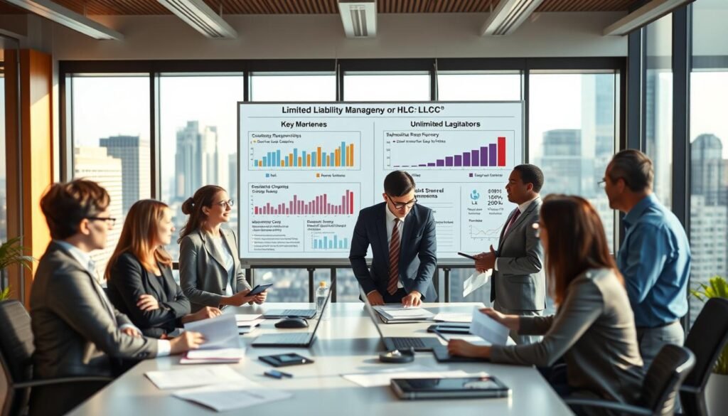 A modern office setting that visually represents risk management for limited liability companies (LLC) versus unlimited companies. In the foreground, a diverse group of professionals in professional business attire is engaged in a discussion around a table filled with documents and digital devices, depicting analysis and strategizing. The middle ground features a large digital whiteboard with charts and graphs illustrating key differences in shareholder responsibilities and tax implications. The background shows large windows with cityscape views, bathed in soft, natural light that creates a warm, focused atmosphere. Use a slight depth of field to emphasize the group while keeping the background slightly blurred, enhancing a mood of collaboration and professionalism.
