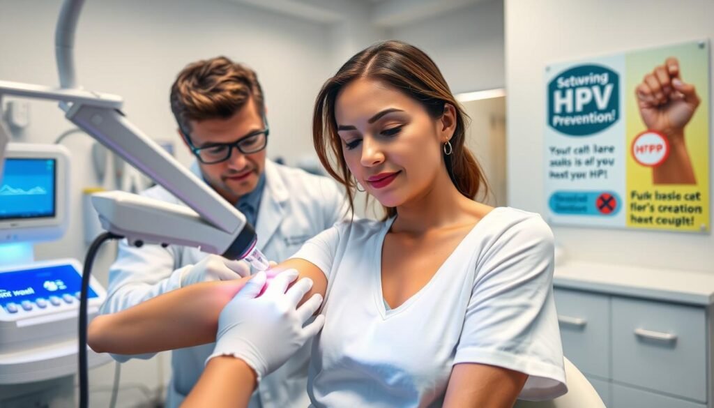 A clean and professional medical setting showcasing the laser wart removal process. In the foreground, a focused medical professional, dressed in a white lab coat and gloves, is gently directing a laser beam towards a small wart on a patient's arm, who is wearing a modest short-sleeve shirt. The patient's expression is calm and relaxed, highlighting the non-invasive nature of the procedure. In the middle ground, various medical instruments and a laser machine are visible, with soft blue and white lighting creating a sterile atmosphere. In the background, a well-organized clinic with medical posters about HPV prevention enhances the educational context. The overall mood is reassuring and clinical, emphasizing safety and professionalism in dermatological treatment.