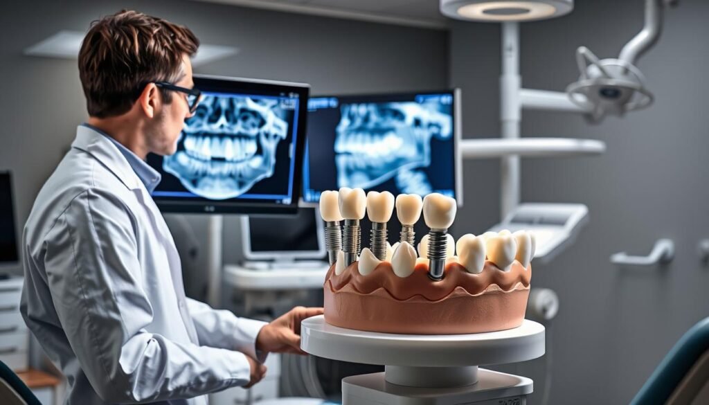 A detailed dental clinic scene illustrating the dental implant process. In the foreground, a dentist in a professional white coat is carefully examining a patient’s dental X-rays on a high-tech screen, emphasizing collaboration in the procedure. In the middle ground, a life-sized model of a jaw showcases the placement of implants among healthy and tilted neighboring teeth, portraying the effects of missing teeth. In the background, modern dental equipment and bright, sterile lighting enhance the clinical atmosphere. The mood is calm and focused, emphasizing professionalism and the importance of addressing tooth misalignment through implants. The image should be vividly realistic, capturing the intricate details of dental work without any text or watermarks.