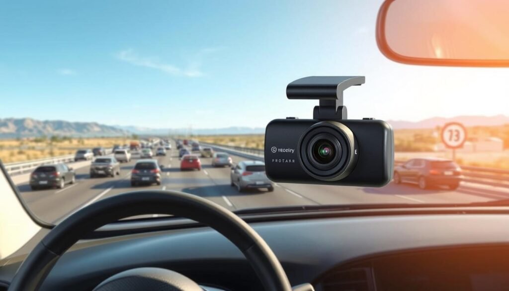 A dynamic and informative illustration depicting the legal compliance and protective functions of a vehicle dashcam. In the foreground, showcase a modern dashcam mounted on the windshield of a sleek car, with clear focus on its recording lens. The middle ground features a busy highway, bustling with various vehicles obeying speed limits, indicating a sense of safety. In the background, display a serene landscape with clear skies and distant mountains, creating an atmosphere of calm and order. Use bright, natural lighting to enhance clarity and realism, capturing a professional and responsible driving environment. The overall mood should be one of vigilance and safety, reflecting the importance of adhering to legal speed regulations while on the road.