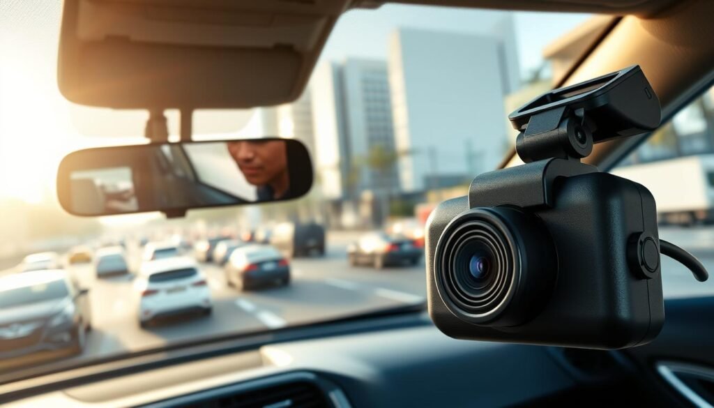 A high-quality car dash cam is prominently displayed in the foreground, showcasing its sleek, modern design with a wide-angle lens. The camera should be depicted with a matte finish, emphasizing its anti-UV and heat-resistant features. In the middle ground, a car interior is visible, featuring a clear windshield that highlights the expansive view captured by the dash cam. The background showcases a busy urban road with varied traffic, under the soft glow of afternoon sunlight that casts gentle, natural shadows. The scene evokes a sense of reliability and vigilance, reflecting the importance of the dash cam in capturing critical peripheral evidence during unexpected lane changes. The overall mood is focused and professional, ideal for illustrating the technological advancements in vehicle safety.