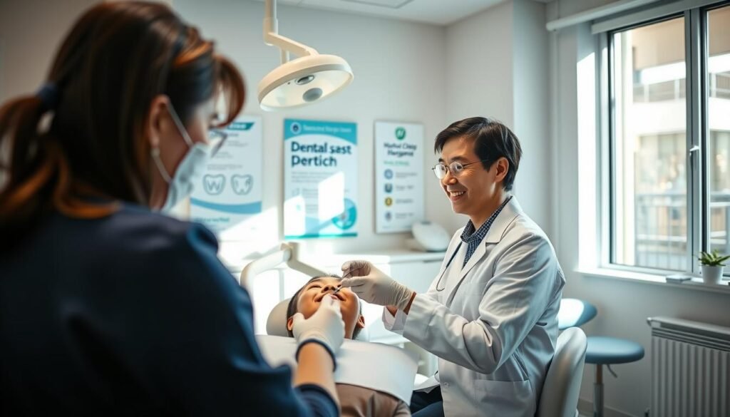 A modern dental clinic in Hong Kong, focusing on dental hygiene services. In the foreground, a compassionate dentist in professional attire is attentively examining a patient's teeth, with high-quality dental instruments visible on the counter. The middle ground showcases a bright, clean dental chair with soft lighting to create a welcoming atmosphere. The background features posters of dental health tips and a large window letting in natural sunlight, enhancing the inviting ambiance. The scene conveys professionalism and trust, with an emphasis on health awareness and education in dental care. The overall mood is reassuring and informative, emphasizing the importance of regular dental check-ups.
