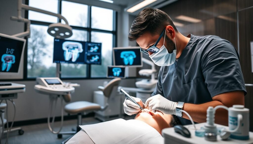 A modern dental clinic setting showcasing a dental professional performing minimally invasive wisdom tooth extraction. In the foreground, a dentist, dressed in scrubs and a surgical mask, is skillfully using advanced dental tools with precision on a patient. The patient appears calm and relaxed, lying in a dental chair. In the middle ground, various dental equipment and monitors display high-tech visuals of oral anatomy and treatment plans. The background features sleek, contemporary design elements, such as large windows allowing natural light to flood the space, enhancing the serene atmosphere. Soft lighting highlights the professionalism and care in the environment. The overall mood is reassuring and emphasizes the importance of innovative dental technology.