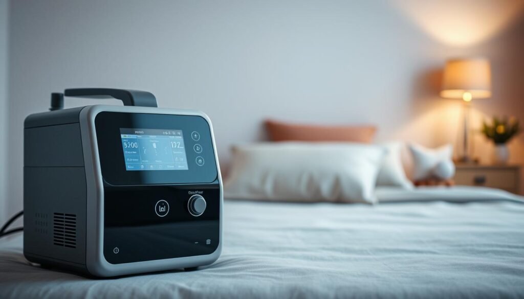 A sleek, modern sleep apnea machine displayed prominently in the foreground, featuring a touch screen interface and intuitive controls. The machine is set against a softly lit, serene bedroom environment, with a neatly made bed adorned with calming colors. In the middle ground, a comfortable pillow is neatly arranged, suggesting readiness for sleep. Soft, ambient lighting creates a tranquil atmosphere, highlighting the machine's features while maintaining a sense of calm. The room is decorated with minimalistic decor, including a subtle nightstand with a soothing lamp. Capture the image from a slight downward angle to emphasize the machine, ensuring it is the focal point while conveying an overall sense of relaxation and comfort. The mood should be peaceful, suggesting the importance of quality sleep.