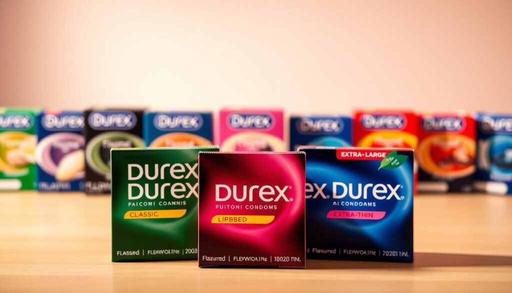 A well-arranged display of various Durex condom types, showcasing their packaging distinctly labeled with vivid colors. In the foreground, the focus is on three packs: the classic, ribbed, and ultra-thin versions, positioned artistically. The middle section features a soft-focus background of additional types, such as flavored and extra-large, with a gradient that smoothly transitions from light to darker tones, enhancing the visual appeal. The lighting is warm and inviting, creating a sense of curiosity while highlighting the texture of the packaging. The image conveys a professional and informative atmosphere, appropriate for an educational context, with no text or branding visible.