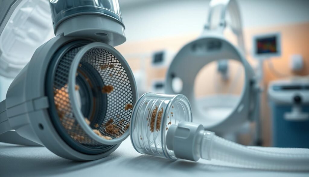 A close-up view of a sleep apnea machine's exhalation port, emphasizing the importance of airflow. In the foreground, the detailed structure of the mesh filter and surrounding components should be highlighted, showing dust and debris accumulation. In the middle ground, a partially disassembled sleep apnea mask reveals the exhalation port, indicating potential blockage risks. The background should be softly blurred, featuring a clinical environment with clean, organized medical equipment and soft, diffused lighting that creates a calm, informative atmosphere. The angle should be slightly tilted to create depth, capturing the essential components while conveying a sense of urgency about maintaining clear airflow for user safety.