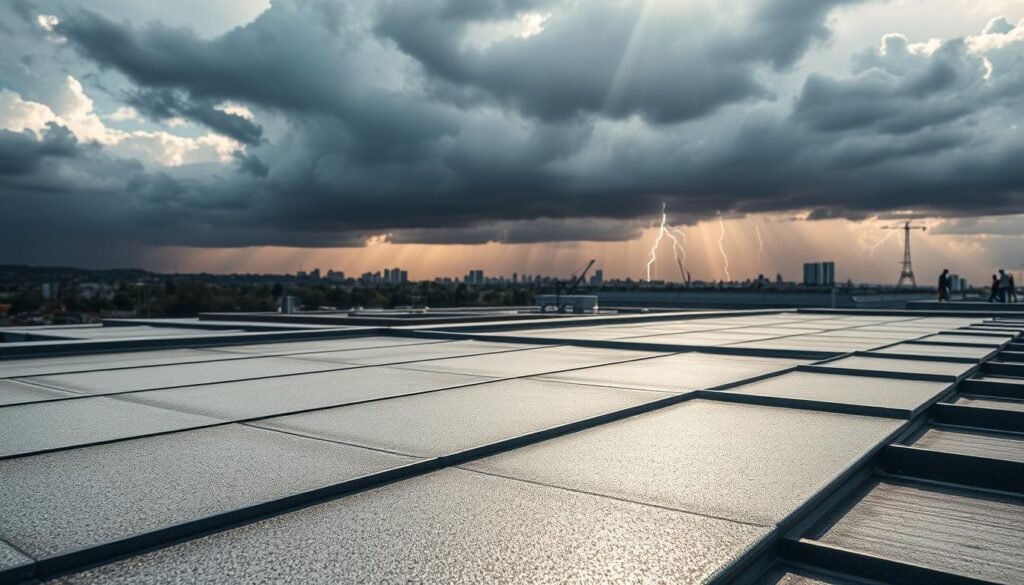 A rooftop view of a modern flat roofing installation showcasing sturdy roofing sheets designed to withstand storm damage. In the foreground, focus on the robust flat roofing sheets with textured surfaces reflecting sunlight, highlighting their durability. The middle ground features a sloping skyline with clouds gathering ominously in a stormy atmosphere, emphasizing the roofing's wind resistance capabilities. In the background, distant city buildings are seen shrouded in rain, with flashes of lightning illuminating the scene, creating an intense and dramatic mood. Use natural lighting with contrasts between the dark clouds and the bright roofing sheets, shot from a low angle to enhance the sense of protection against the elements.