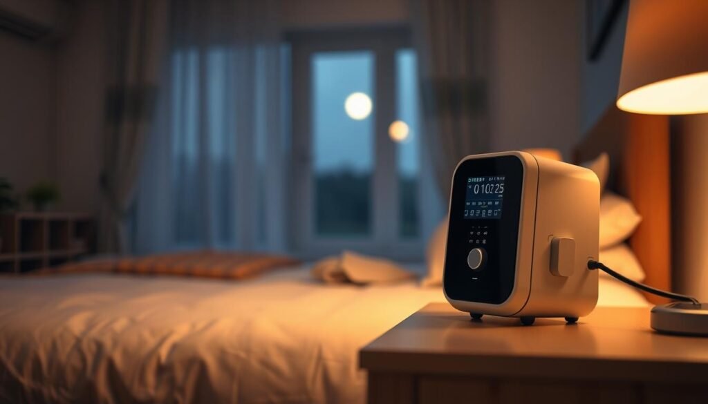 A serene bedroom scene highlighting a modern sleep apnea machine. In the foreground, the well-designed device sits peacefully on a bedside table, with a soft and glowing nightlight illuminating it. In the middle ground, a cozy bed is made with soft, clean linens, suggesting a restful environment. The background features a softly blurred window, allowing gentle moonlight to spill into the room, creating a calming atmosphere. The composition uses a warm color palette to evoke tranquility. The focus should be sharp on the sleep apnea machine, emphasizing its importance, while the rest of the scene is softly illuminated. The image encapsulates a feeling of safety and comfort during night hours, ideal for illustrating the function of sleep apnea devices during power outages.