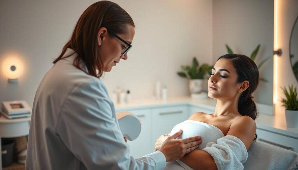 A serene spa setting with a clean, modern aesthetic, showcasing a professional dermatologist in a white coat carefully attending to a client. The foreground features the dermatologist using an advanced laser hair removal device, which emits a soft, warm light. The client, dressed in modest spa attire, appears relaxed and reassured under gentle lighting. In the middle ground, various skincare equipment and polished countertops reflect the professionalism of the environment. The background includes soft, soothing colors and subtle greenery, enhancing a tranquil atmosphere. The scene conveys a sense of trust and expertise, emphasizing the effectiveness of choosing a professional hair removal service over at-home methods.