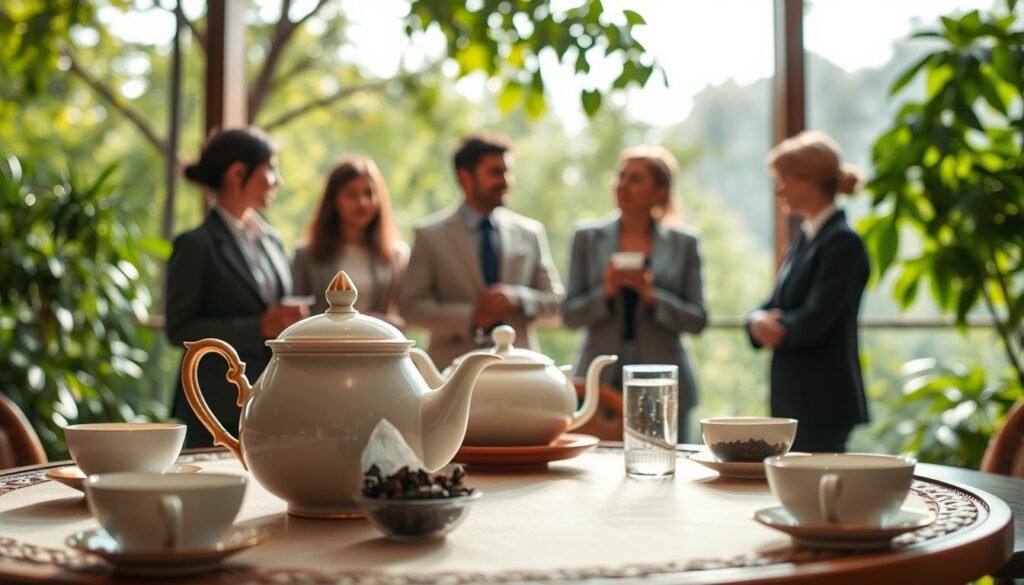 A serene tea venue selection guide illustrating a selection of cozy and inviting tea spaces. In the foreground, a beautifully arranged tea table featuring delicate teacups, a traditional teapot, and an assortment of loose leaf teas. In the middle ground, diverse tea enthusiasts, dressed in professional attire, engage in discussion and selection, showcasing various tea settings like a sunny outdoor garden, a rustic indoor tea house, and a peaceful lakeside spot. The background features soft-focused greenery and gentle afternoon light filtering through leaves, creating a warm, intimate atmosphere. The composition captures the essence of community and tranquility, evoking a cinematic vibe suitable for tea gatherings, in a 4:3 aspect ratio.