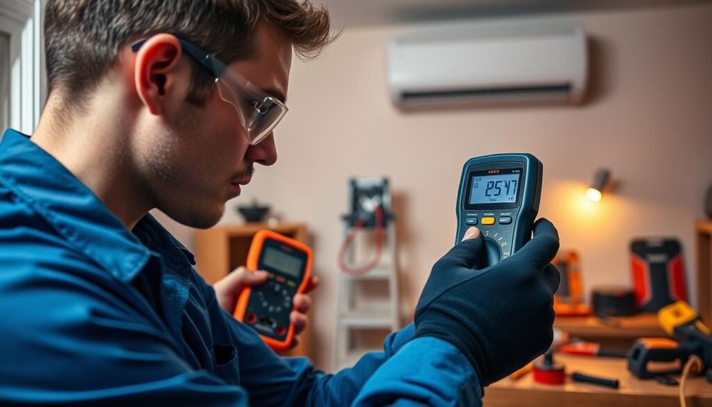 A close-up view of a technician performing a circuit load test, with a digital multimeter in hand, checking the voltage of a power outlet in a home environment. Foreground features include the technician, dressed in a professional blue work shirt and safety goggles, carefully examining the multimeter's display. In the middle ground, show an electrical socket with visible wires and circuit connections, and a faint glow indicating a potential issue. The background depicts a well-lit room with a central air conditioning unit, tools organized neatly on a workbench, and soft, warm lighting creating an atmosphere of diligence and professionalism. The image evokes a sense of trust and expertise in electrical safety and maintenance.