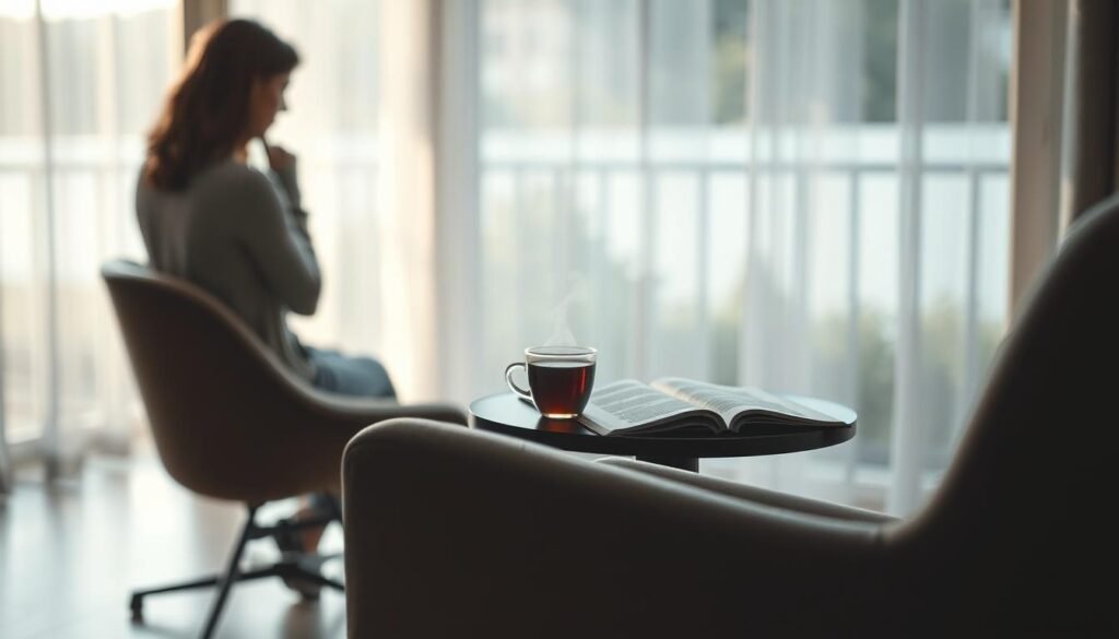 A dimly lit therapist's office featuring a comfortable armchair in the foreground, with soft, neutral colors. A subtle shadow suggests the presence of a patient, depicted from behind, looking out of a window, deep in thought, conveying a sense of heaviness and introspection. In the middle ground, a small table holds a steaming cup of tea, indicating comfort, alongside an open notebook with scattered pages, hinting at the theme of reflection. In the background, blurred images of calming nature through the window evoke a feeling of isolation, emphasizing the contrast between the outside world and the inner struggle. The lighting is soft and warm, creating a serene yet somber atmosphere, aiming to portray the early signs of depression without explicit imagery, ensuring a professional and respectful representation.