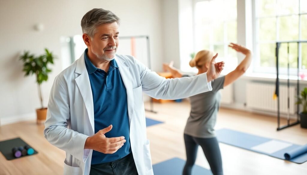 A physical therapist demonstrating exercises to alleviate lower back pain, set in a bright and spacious clinic. In the foreground, a middle-aged male therapist, dressed in a professional white coat over a blue polo shirt, is guiding a patient through an exercise. The patient, a female in modest athletic wear, is practicing a gentle stretch to enhance flexibility. In the middle ground, exercise equipment like resistance bands and mats are neatly arranged. The background features large windows allowing natural light to enter, creating a warm and inviting atmosphere. The overall mood is supportive and encouraging, emphasizing health and wellness through movement and professional guidance. The image should have soft, diffused lighting, captured at a slightly elevated angle to provide a comprehensive view of the interaction. A physical therapist demonstrating exercises to alleviate lower back pain, set in a bright and spacious clinic. In the foreground, a middle-aged male therapist, dressed in a professional white coat over a blue polo shirt, is guiding a patient through an exercise. The patient, a female in modest athletic wear, is practicing a gentle stretch to enhance flexibility. In the middle ground, exercise equipment like resistance bands and mats are neatly arranged. The background features large windows allowing natural light to enter, creating a warm and inviting atmosphere. The overall mood is supportive and encouraging, emphasizing health and wellness through movement and professional guidance. The image should have soft, diffused lighting, captured at a slightly elevated angle to provide a comprehensive view of the interaction.