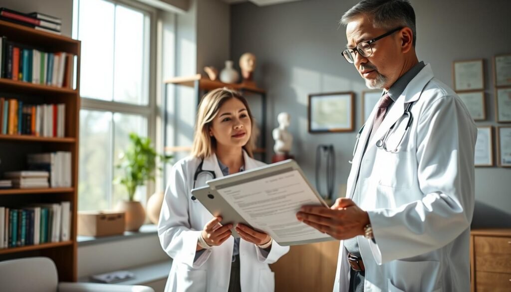 A professional doctor in a modern clinic setting, focusing on back pain treatments, stands with a patient reviewing a personalized treatment plan on a tablet. The doctor, a middle-aged Asian male in a white lab coat and glasses, discusses various therapies, including physical therapy and lifestyle adjustments, while the patient, a Caucasian female in business casual attire, listens attentively, showcasing engagement and understanding. In the background, shelves filled with medical textbooks, anatomical models, and a wall with certificates create a reassuring and competent atmosphere. Soft, natural lighting filters in from large windows, casting gentle shadows. The angle captures both the doctor and the patient, conveying a collaborative and supportive mood. A professional doctor in a modern clinic setting, focusing on back pain treatments, stands with a patient reviewing a personalized treatment plan on a tablet. The doctor, a middle-aged Asian male in a white lab coat and glasses, discusses various therapies, including physical therapy and lifestyle adjustments, while the patient, a Caucasian female in business casual attire, listens attentively, showcasing engagement and understanding. In the background, shelves filled with medical textbooks, anatomical models, and a wall with certificates create a reassuring and competent atmosphere. Soft, natural lighting filters in from large windows, casting gentle shadows. The angle captures both the doctor and the patient, conveying a collaborative and supportive mood.
