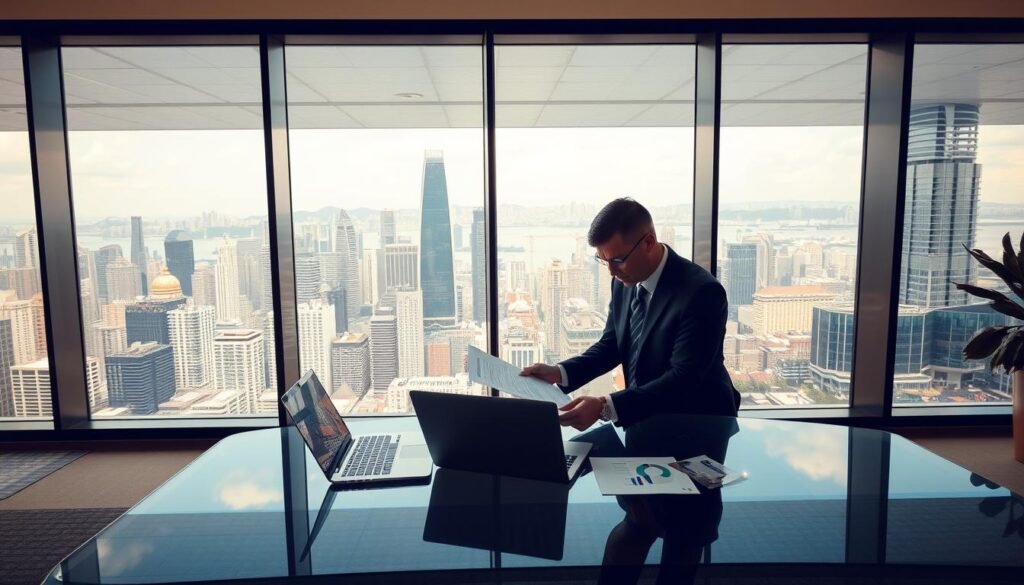A detailed scene depicting a modern Hong Kong office market analysis. In the foreground, a professional businessperson in a tailored suit reviews documents on a sleek glass table, with a laptop open beside them. In the middle ground, a large window reveals a panoramic view of Hong Kong's skyscrapers, bathed in soft natural light. The background showcases a bustling cityscape, with other office buildings and the harbor in the distance. The atmosphere is one of professionalism and focus, conveying the importance of market insights. Use warm tones to create an inviting environment, with a focus on clarity and depth, suggesting a busy yet organized workspace. The camera angle should be slightly elevated, capturing both the subject and the impressive view outside.