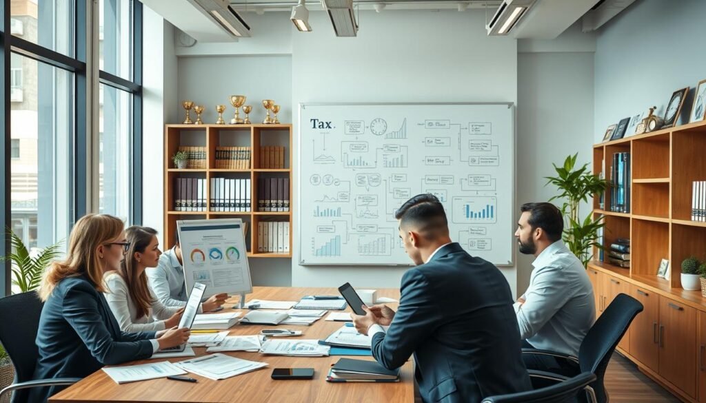 A modern accounting office interior, showcasing a well-organized workspace filled with financial documents, tax forms, and professional accounting tools. In the foreground, a diverse group of business professionals in formal attire is engaged in discussion around a large conference table, analyzing charts and graphs on a laptop. The middle layer features a large whiteboard covered in tax flow diagrams and strategies, while in the background, shelves filled with accounting books and awards reflect expertise. Soft, natural lighting from large windows creates a bright and welcoming atmosphere, emphasizing collaboration and professionalism. The angle should be slightly elevated to capture the entire scene effectively, illustrating the dynamics of tax management and support in a corporate setting.