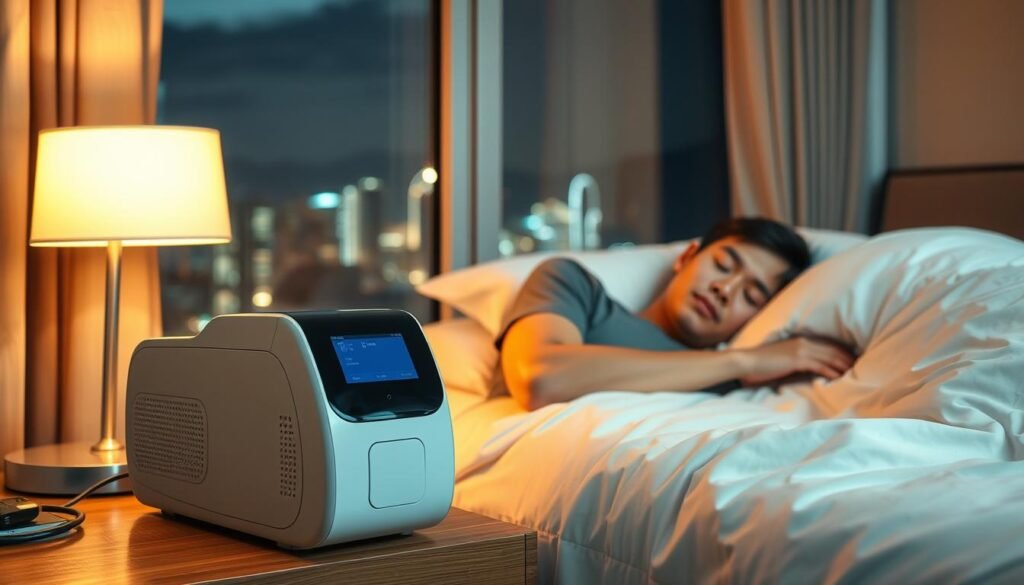 A serene bedroom scene in Hong Kong featuring a person comfortably asleep while using a sleep apnea machine. The foreground shows a well-organized bedside table with a sleek, modern CPAP machine softly lit by a warm bedside lamp. In the middle ground, an individual wearing modest casual clothing sleeps peacefully, with their face serene and relaxed, showcasing the benefits of improved sleep quality. The background features a window with a partial view of Hong Kong's cityscape under a calm night sky, adding a sense of tranquility. Soft, ambient lighting creates a warm and peaceful atmosphere, emphasizing comfort and restfulness in the environment. The scene conveys hope and well-being, highlighting the importance of effective sleep solutions in urban life.