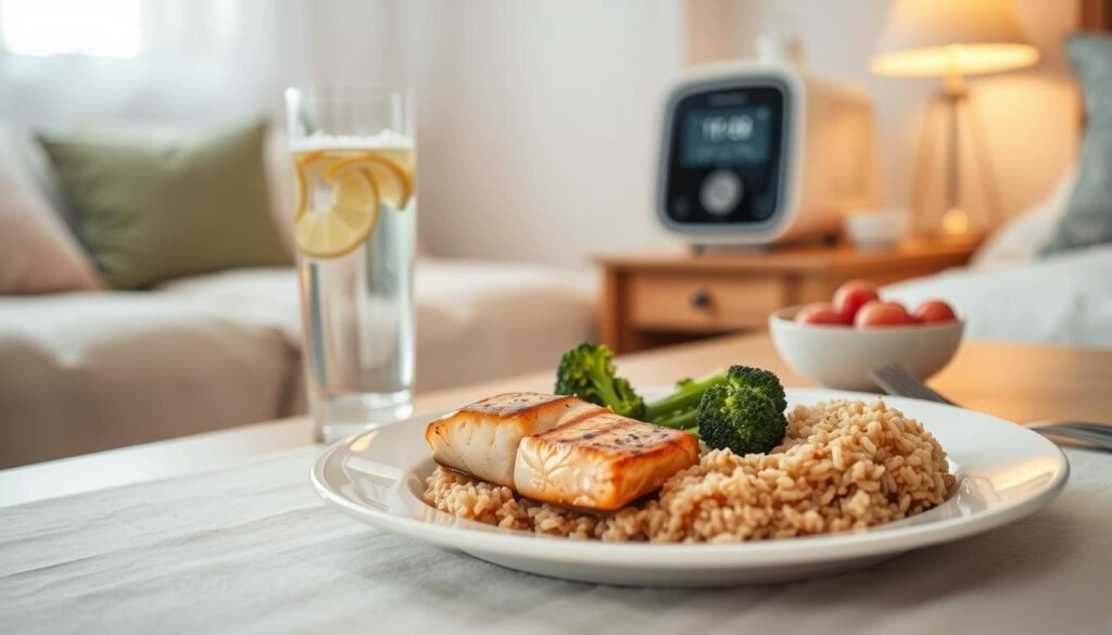 A serene dining table set up in a softly lit room, featuring a balanced, health-conscious meal appropriate for individuals undergoing sleep apnea treatment. In the foreground, a beautifully plated dish with grilled salmon, steamed broccoli, and brown rice, highlighting nutritious options. In the middle ground, a glass of water infused with lemon slices and a small bowl of fresh fruit, representing hydration and healthy snacking. The background showcases a comfortable cozy setting, with a subtle hint of a sleep therapy machine on a bedside table, emphasizing the theme of treatment. The lighting is warm and inviting, creating a calm and supportive atmosphere. The overall mood is peaceful and encouraging, suitable for promoting wellness during respiratory therapy.