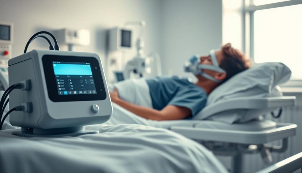 A sleek, modern sleep apnea machine in a clinical recovery room, showing its advanced features and functionality. In the foreground, the machine is prominently displayed with illuminated control panels, wires neatly organized. In the middle, a patient in professional hospital attire rests comfortably on a bed, wearing a CPAP mask connected to the machine, illustrating the post-operative recovery process. Soft, diffused lighting casts a calm ambiance, highlighting the sterile environment and gentle colors. In the background, faint outlines of medical equipment and a window with soft light filtering in, contributing to a serene atmosphere. The overall mood is one of hope and recovery, emphasizing the machine's role in monitoring and supporting breathing during the healing phase.